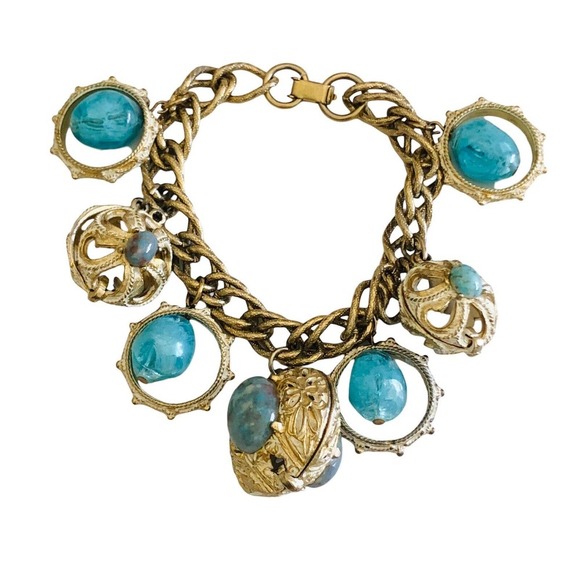 1950s Fun Vintage Blue Art Glass Crystal Pearl Chunky Charm BRACELET - Picture 1 of 9